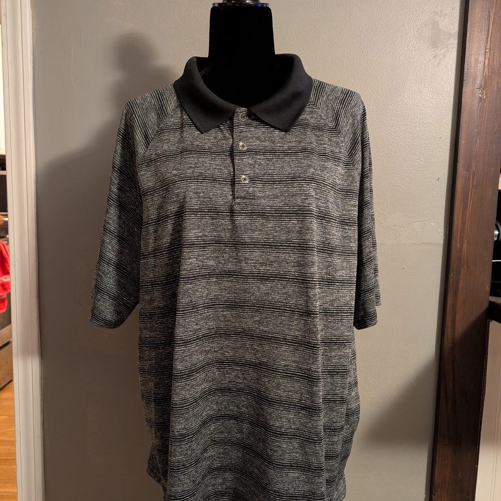 Men's Black and Gray Striped Polo Shirt